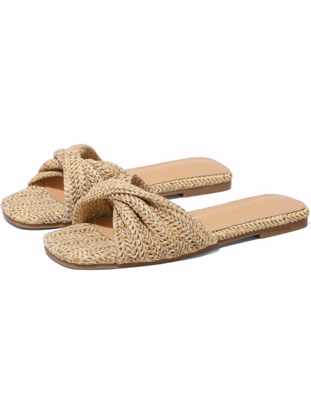 Women's Natural Summer Raffia Open Toe Woven Braided Twist Comfort Flat Sandals